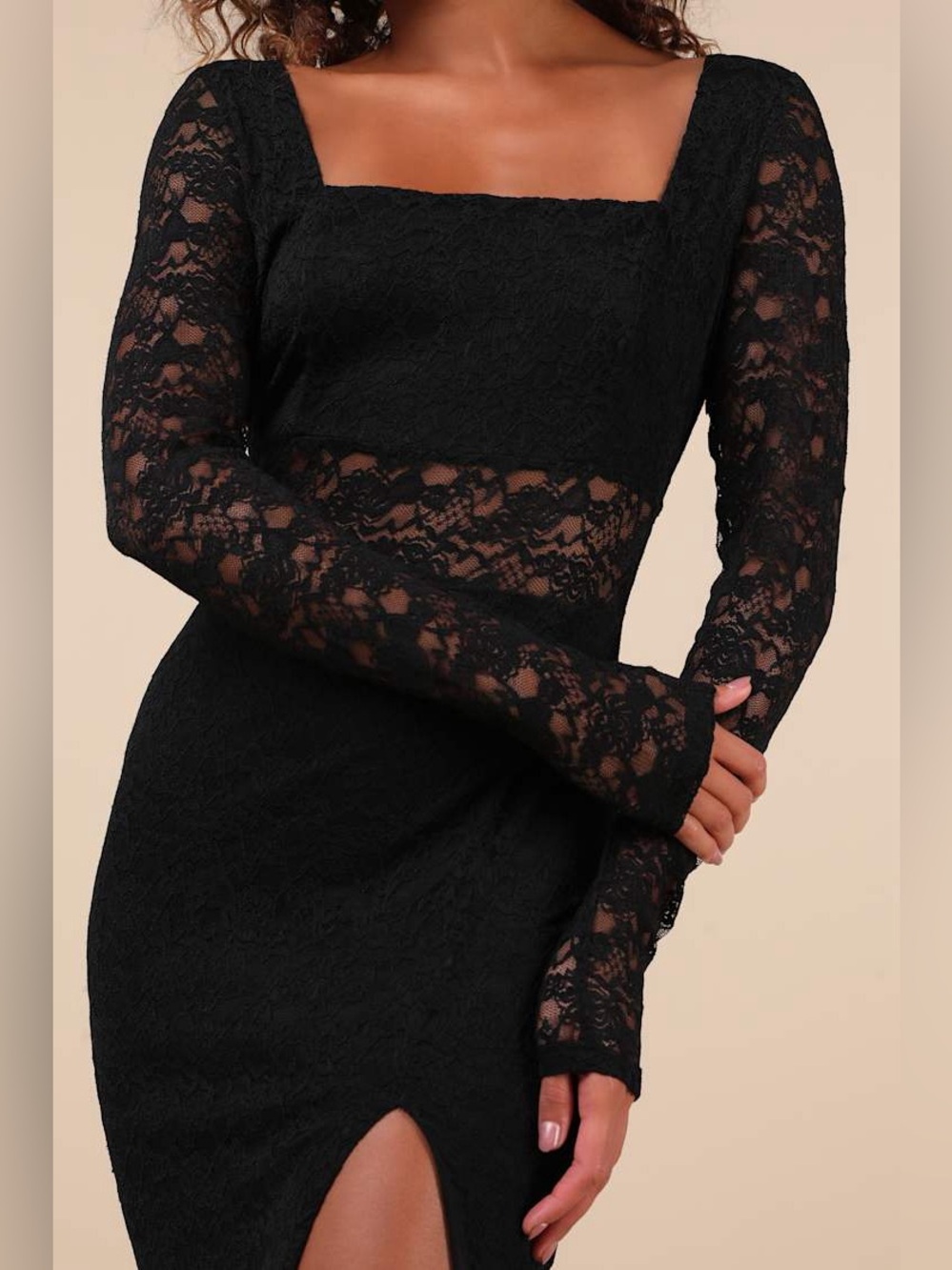 Lulu's Black Lace Long-Sleeve Maxi Dress with Thigh Slit - Picture 2 of 8